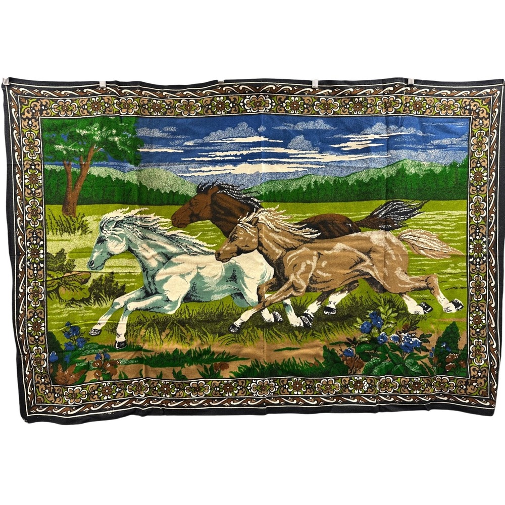 Vintage Turkish Cotton Horse Scene Wall Tapestry 39.5" x 55"